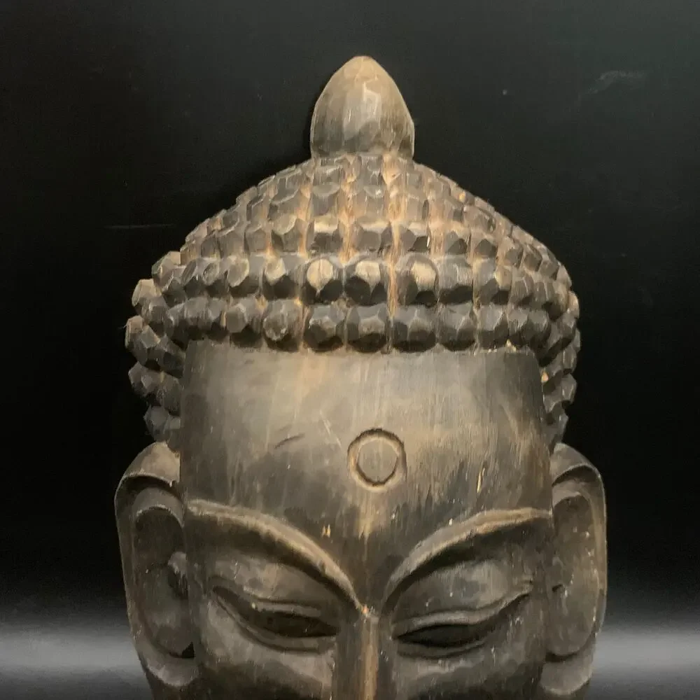 Vintage Gautam Buddha Nepal Head Face Mask Hand Carved Wood Wall Hanging